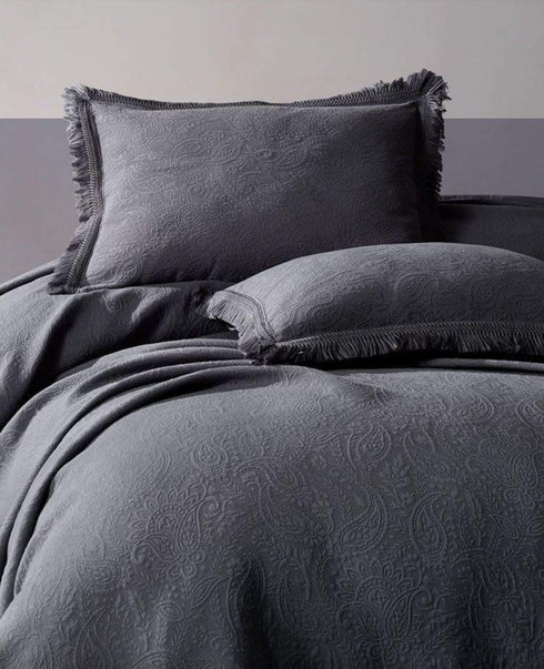 Prabangi medvilninė austinių žakardo raštų lovatiesė "Grace" su 2 pagalvių užvalkalais, tamsiai pilka